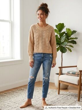 Free People Beige Open-Knit Crewneck Sweater